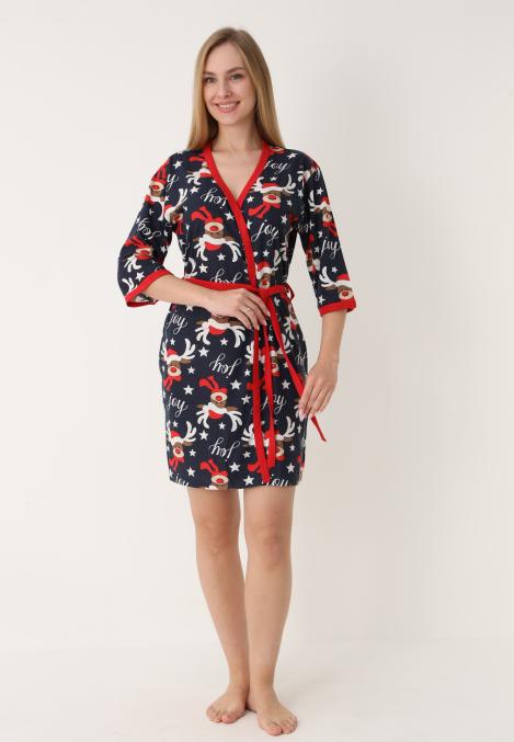 Halat dama Craciun,maneci 3/4,imprimeu reni ,culoare bleumarin ,En-gros